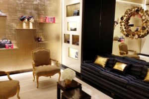 beige and gold interior design, luxury retail ideas, Chanel look, Peter Marino project, velvet sofas, gold wallpapers