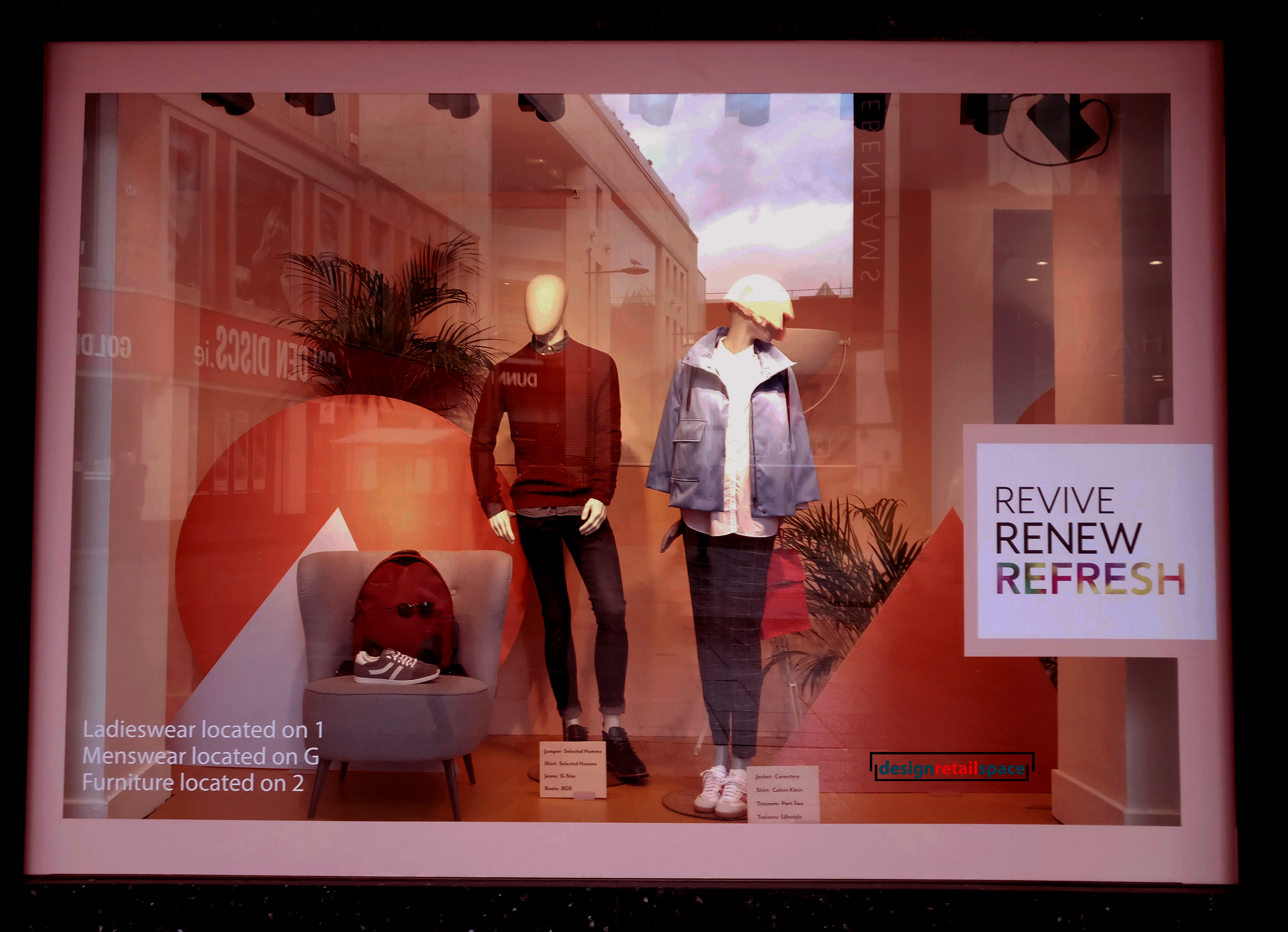 Arnotts window display showing furniture on display with pastel colours in the background as representation of colour trends 2018
