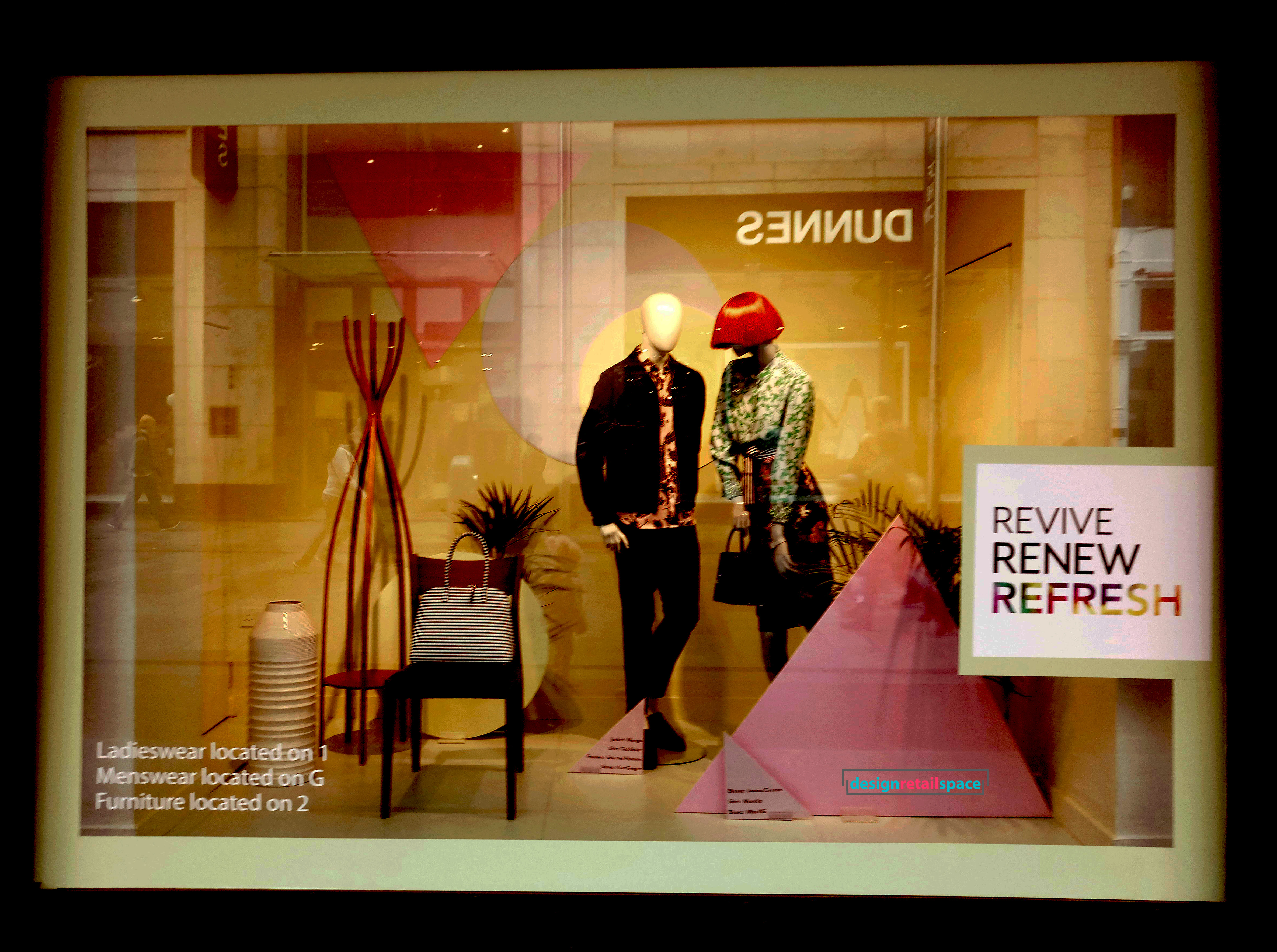 Arnotts window display showing Millennial pink and Gen Z yellow background for furniture