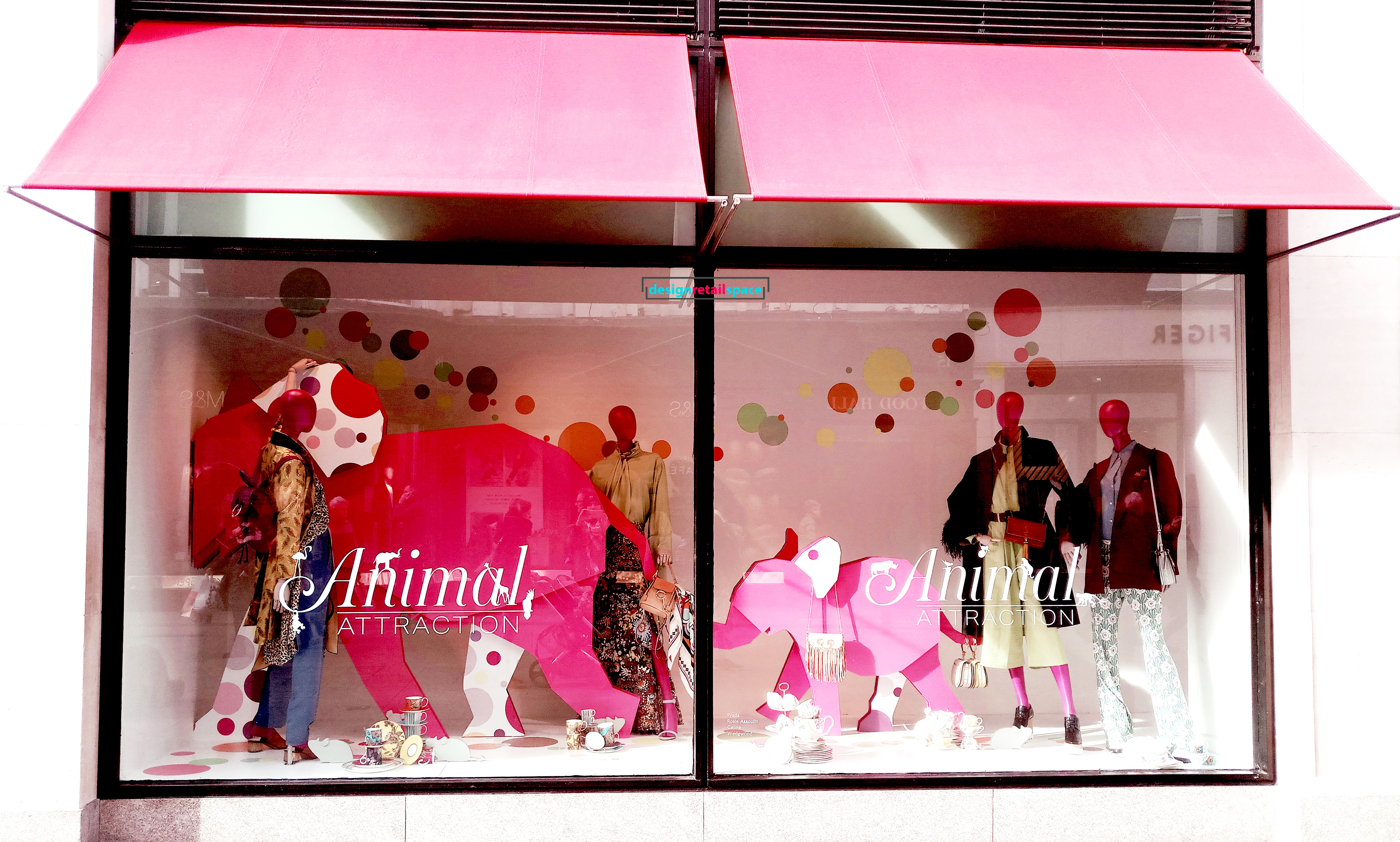 Brown Thomas window design showing elephants in saturated pink as representation of colour trends 2018