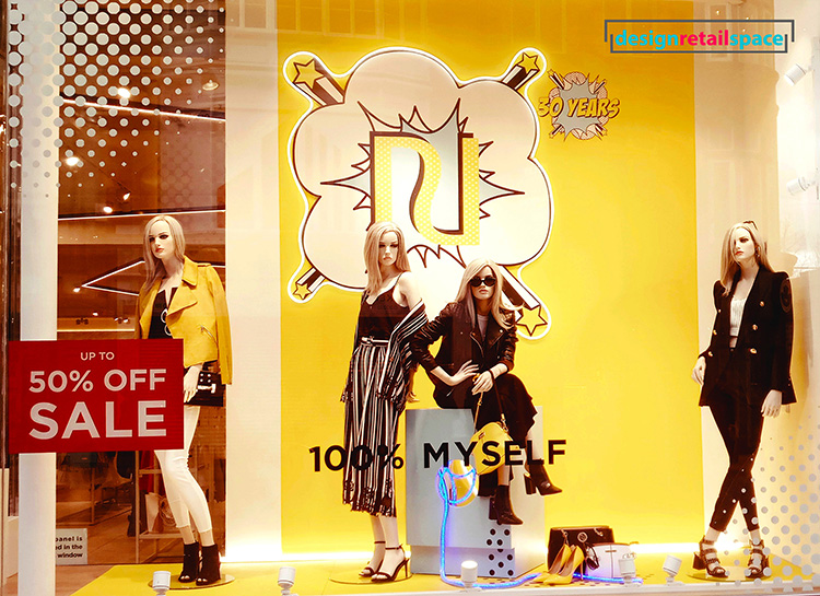 River Island window design presenting the pop art concept in another hue of yellow and its still Gen Z yellow 