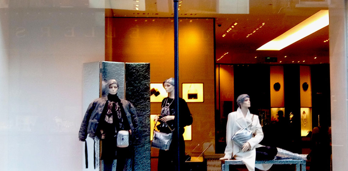 Chanel collection, metallic, silver, window display