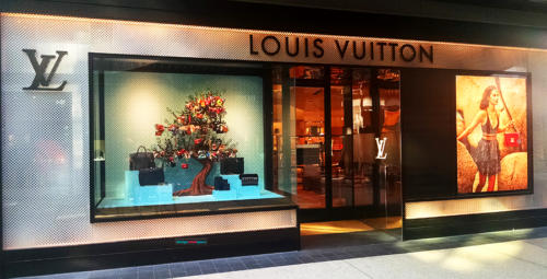 Louis Vuitton window display. December 2018. Santa Monica, California, USA