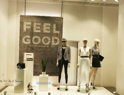 River Island, feel good slogan doormat window display