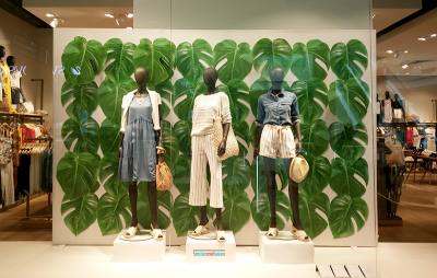 Esprit window display with green leaves