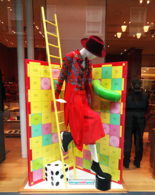 Hermes, a board game window display, bingo theme